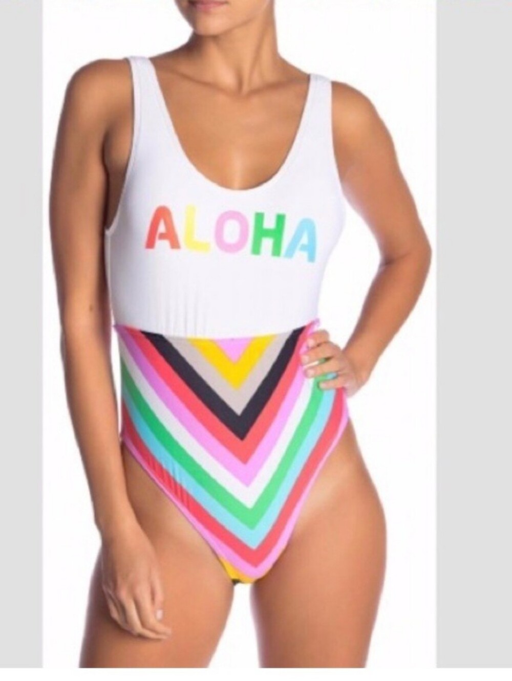 VYB White Aloha One-Piece Swimsuit with Rainbow Chevron